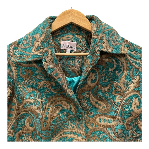 VTG 3 Sisters Women's Paisley Tapestry Jacket Coat Aqua Gold Size L Made USA - Picture 1 of 11